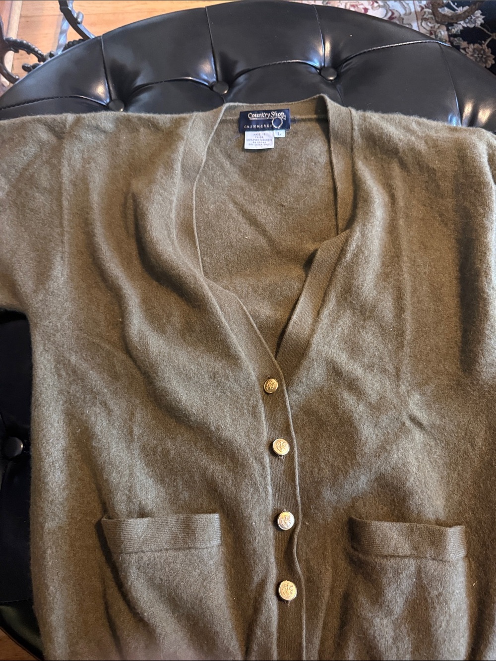 Country Shop Olive Button-Front V-Neck Cashmere Cardigan